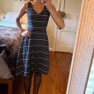 Tommy Hilfiger Navy and White Striped V-Neck Midi Dress